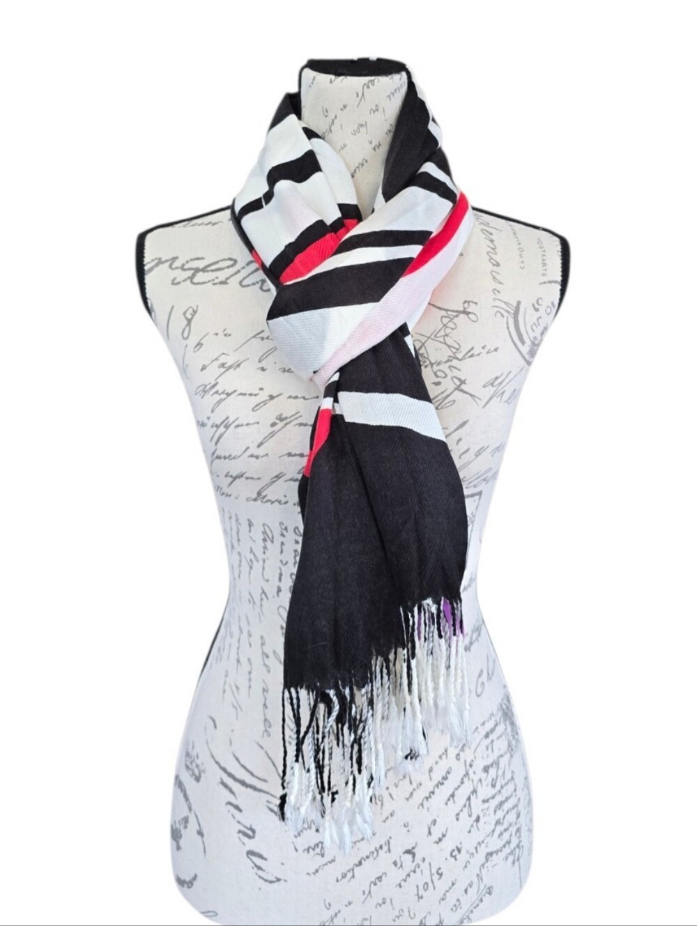 WinWin Black Red Cream Abstract Graphic Print Fringed Pasmina